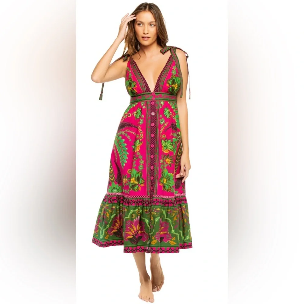 🌺 Farm Rio Ana Tapestry Sleeveless Dress, NWT, pink green bold summer midi dress - Picture 1 of 12